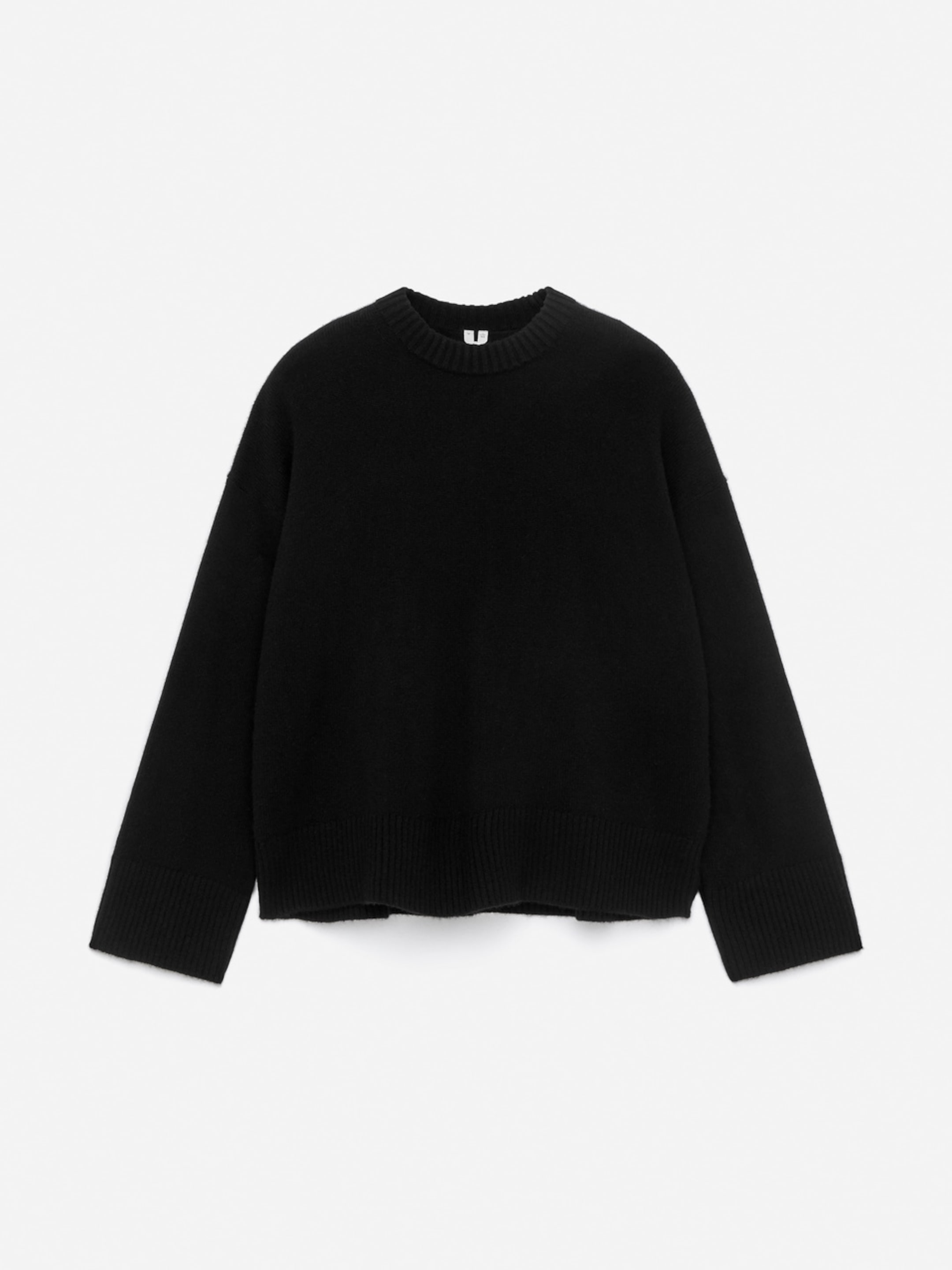 Black knitted sweater with a ribbed crew neck, cuffs, and hem, laid flat on a white background.