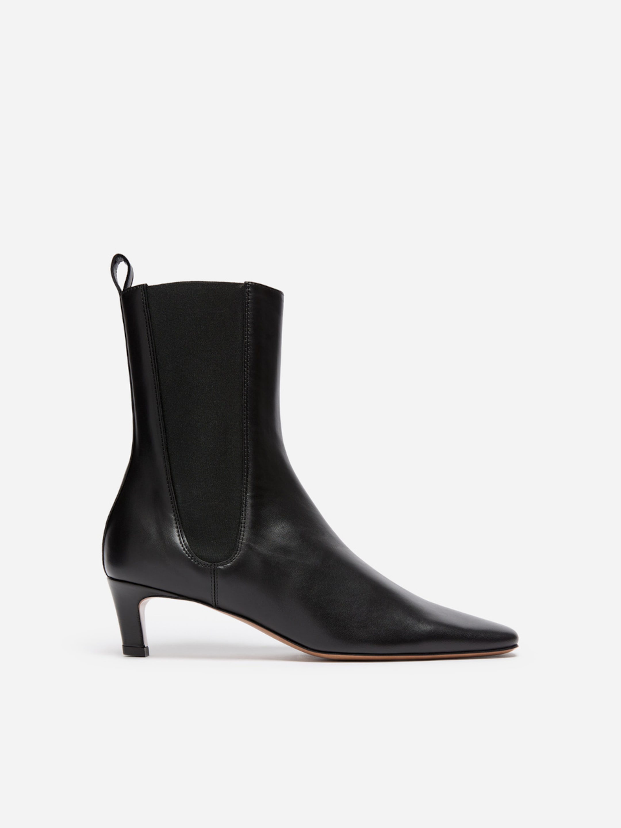 Black leather ankle boot with a mid-height heel and elastic side panels, set against a white background.