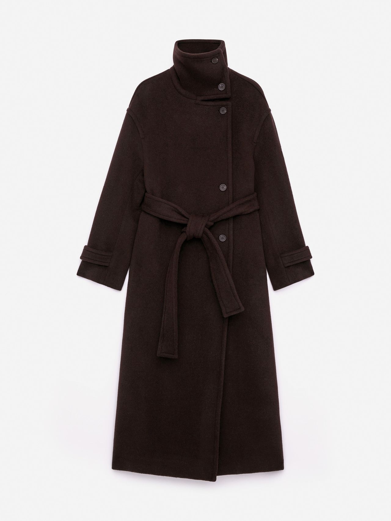 Dark brown long coat with a high collar, buttoned front, and matching belt. The sleeves have strap details, and the coat has a sleek, tailored look.