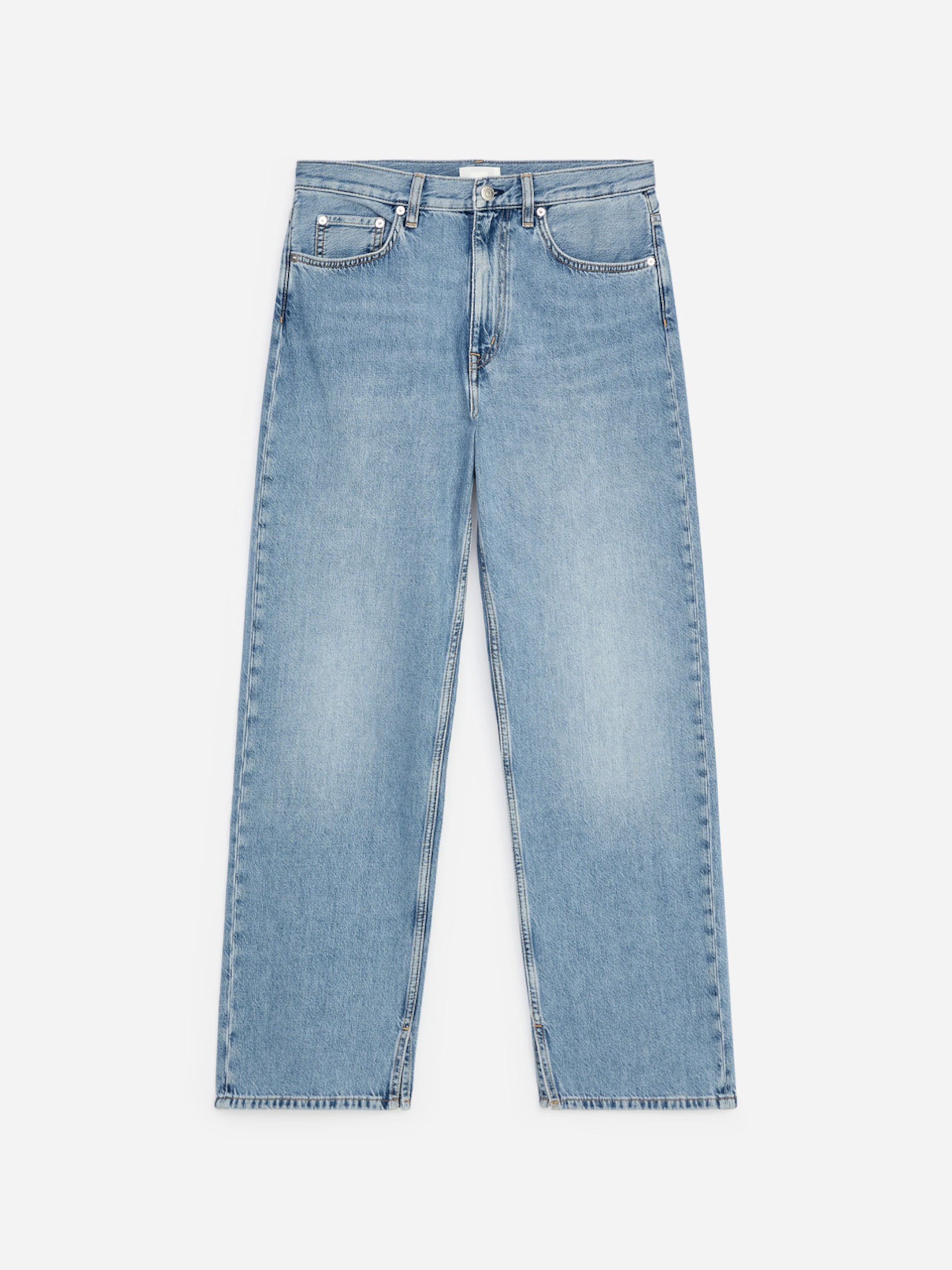 Light blue straight-leg jeans with subtle fading, five pockets, and a buttoned waist, laid flat on a plain background.