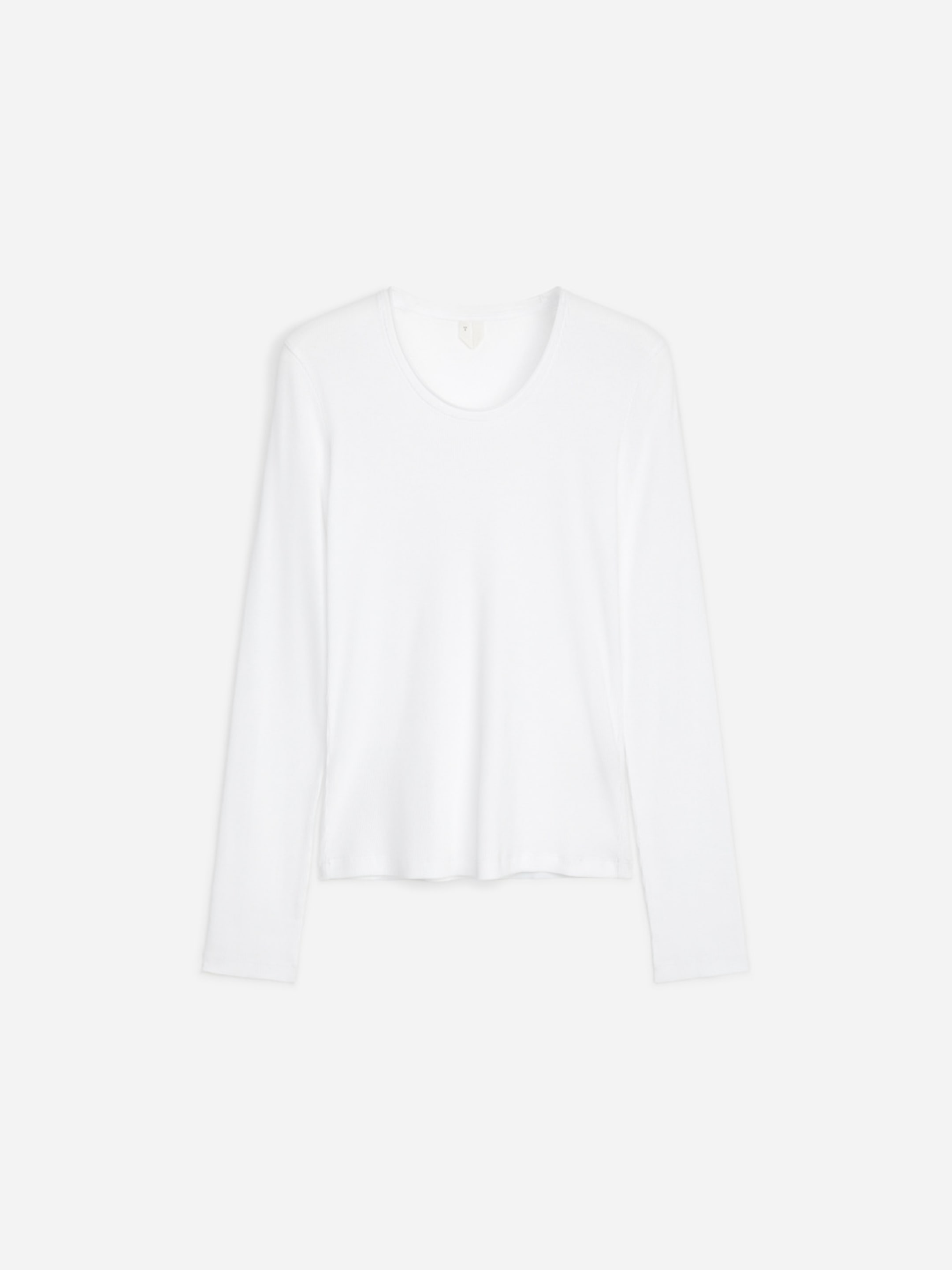 Long-sleeved, white ribbed knit top with a round neckline on a plain white background.