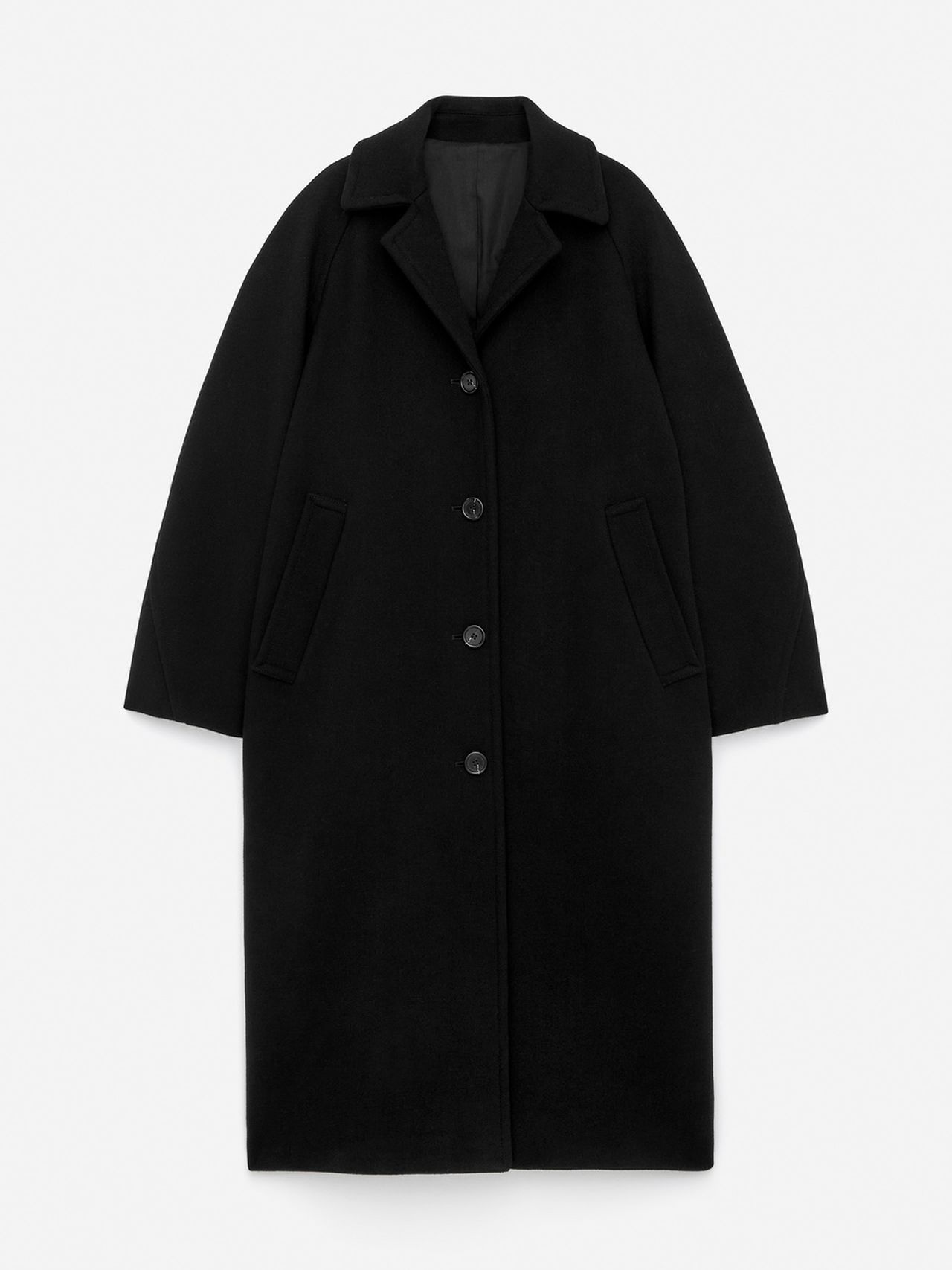 Long black overcoat with a classic collar, button closure, and two side pockets, displayed against a plain white background.