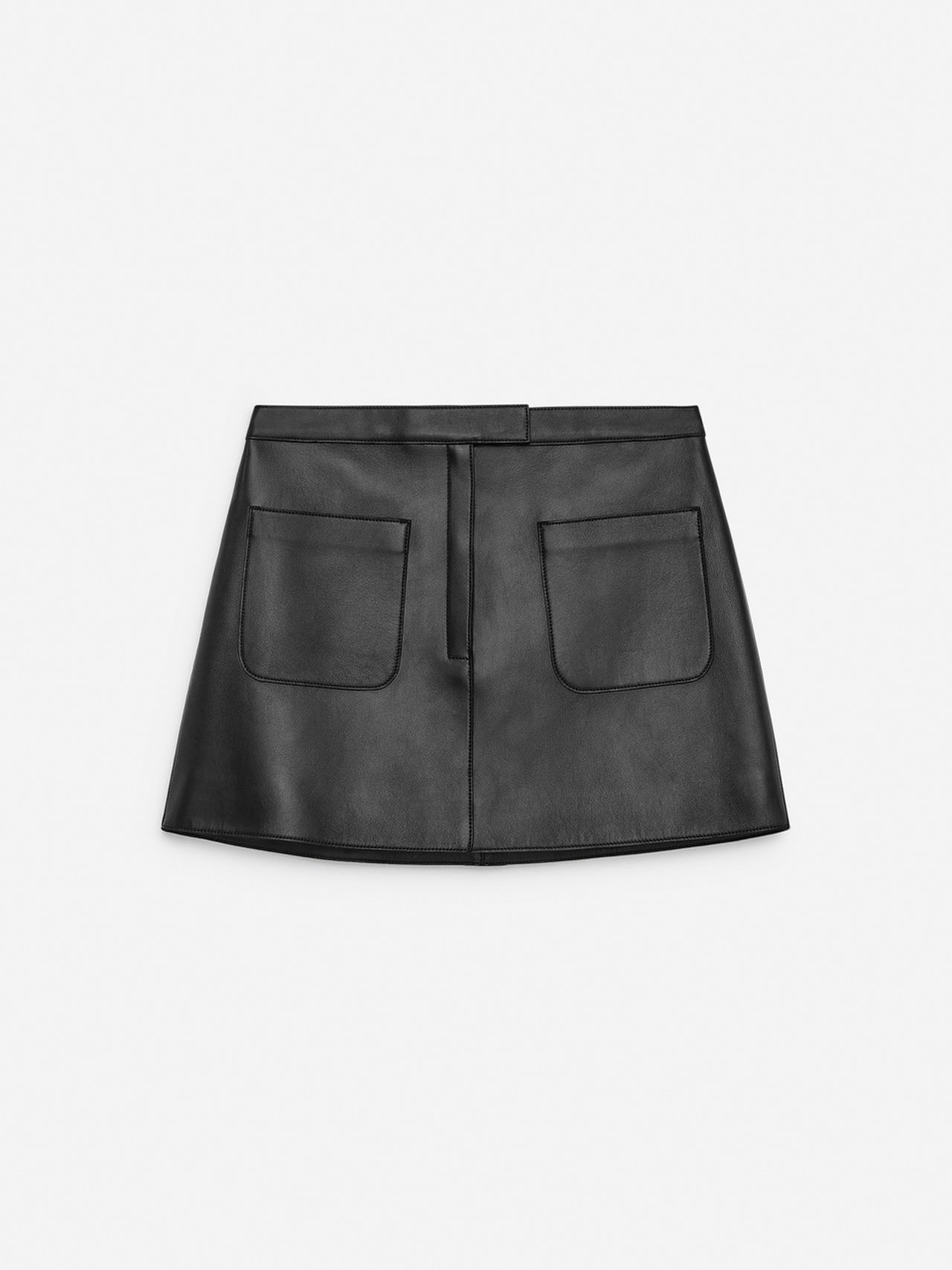 Black leather mini skirt with two front pockets and a waistband, displayed on a plain white background.